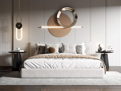 Modern Double Bed Interior With Circular Wall Decor Light Strip And Side Tables 3d model