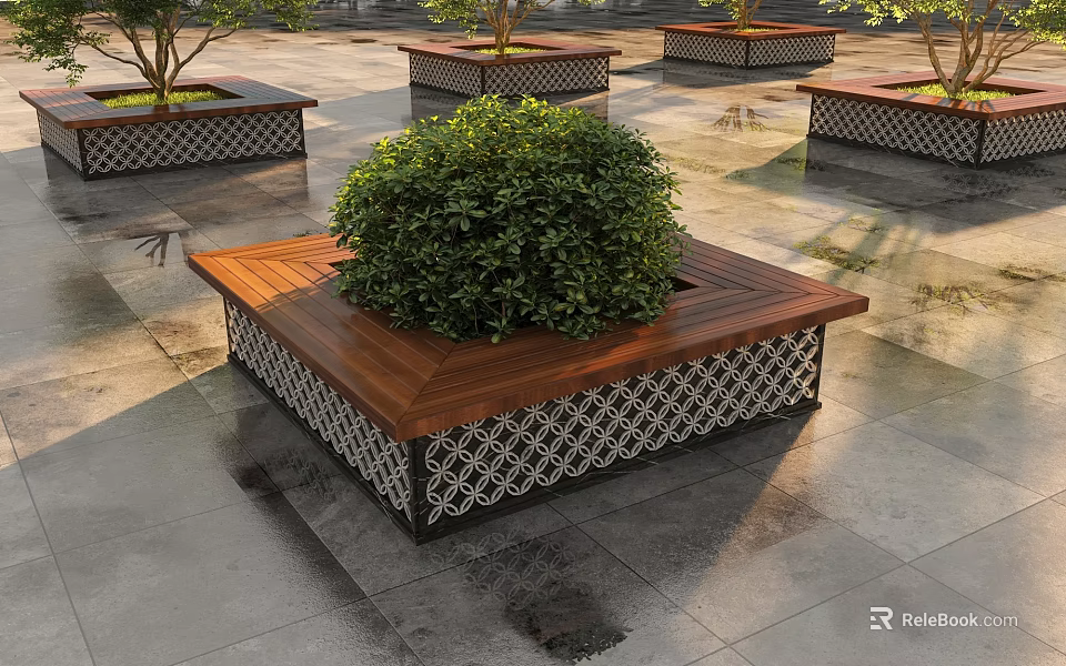 Square Tree Planter with Wooden Top and Green Shrub in Stone Paved Area 3d model 