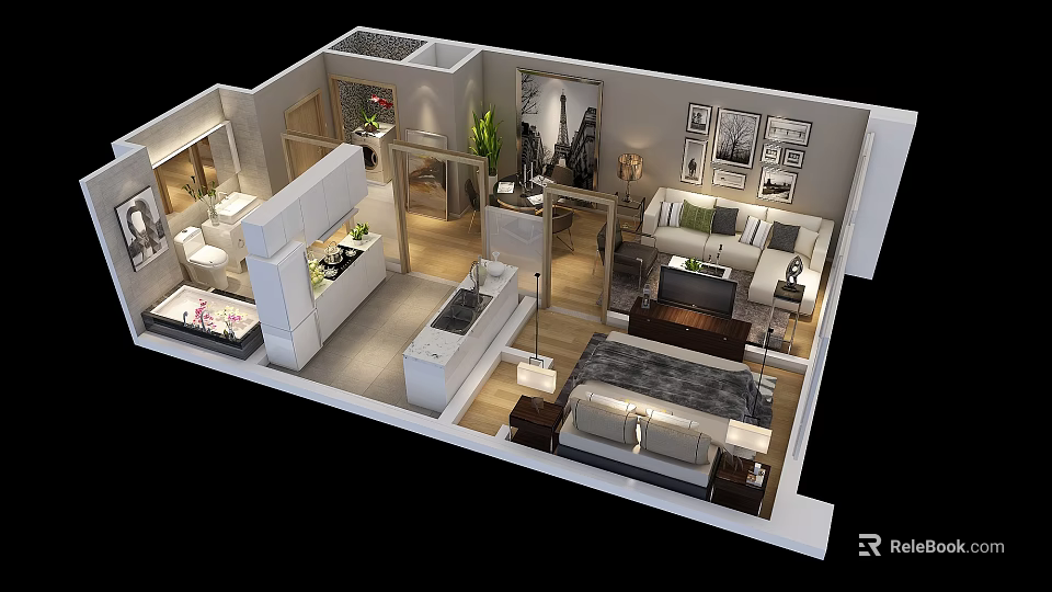 Aerial View Floor Plan Layout With Living Room Bedroom And Kitchen Interior 3d model 