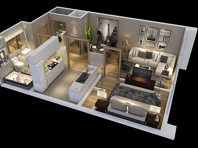 Aerial View Floor Plan Layout With Living Room Bedroom And Kitchen Interior 3d model