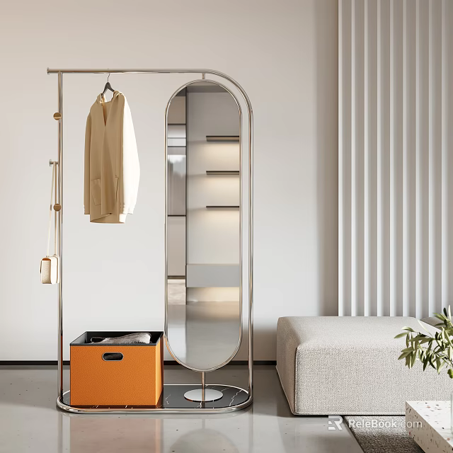 Modern Clothing Rack With Clothes And Mirror In Minimalist Room 3d model 
