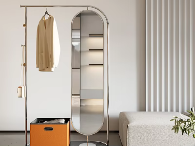 Modern Clothing Rack With Clothes And Mirror In Minimalist Room 3d model
