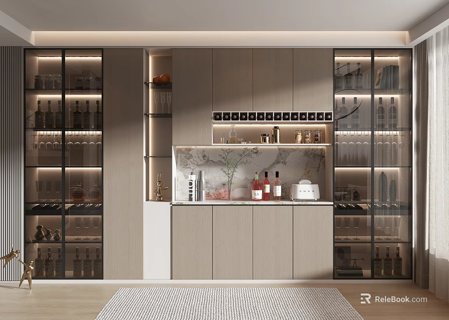 Modern Wine Cabinet Design With Glass Doors LED Lighting And Wine Bottle 3d model 