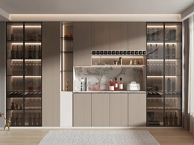 Modern Wine Cabinet Design With Glass Doors LED Lighting And Wine Bottle 3d model