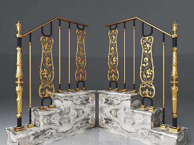 Ornate Railings With Golden Carvings And Black Frames On Marble Steps 3d model