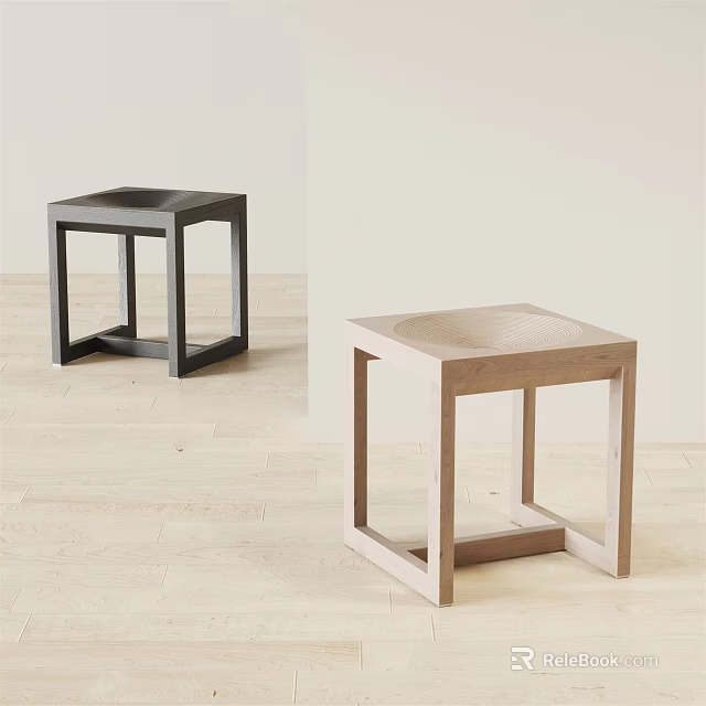 Two Modern Minimalist Wooden Stools With Square Frame And Dark Light Tones 3d model
