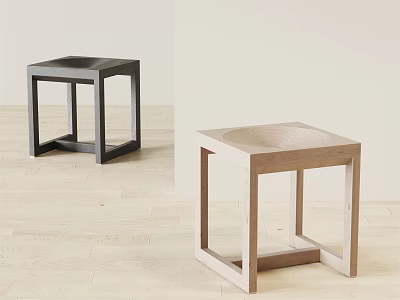 Two Modern Minimalist Wooden Stools With Square Frame And Dark Light Tones 3d model