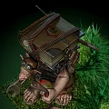 Fantasy Game Character Carrying Firewood In Backpack And Holding Staff On Grass