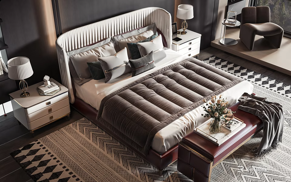 Elegant Double Bed Interior With Upholstered Headboard Plush Pillows Nightstands Lamps And Patterned Rug 3d model