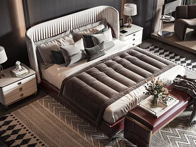 Elegant Double Bed Interior With Upholstered Headboard Plush Pillows Nightstands Lamps And Patterned Rug 3d model
