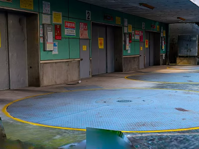Indoor Parking Lot With Green Walls Gray Doors Yellow Ground Lines And Number 2 Signs 3d model