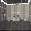 Spacious Modern Interior Entrance With White Columns Black Floor And Shelves Lighting