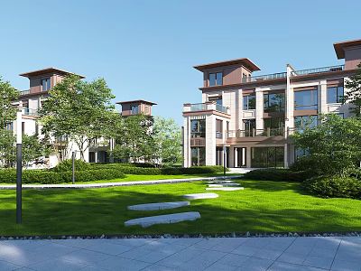 Modern Townhouse Exterior Design With Lush Green Lawn Trees And Pathway 3d model