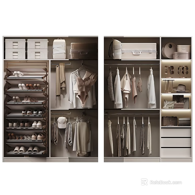 Modern Entryway Cabinet Sideboard With Hanging Garments Shoe Racks Drawers And Lighting 3d model 