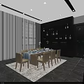 Wooden Dining Table Set With Six Beige Chairs Tablecloth Dishes Plant Vase And Window Cabinet