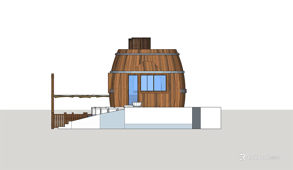 Barrel Shaped Wooden House With Blue Windows And Wooden Staircase Platform 3d model 