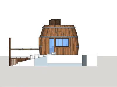 Barrel Shaped Wooden House With Blue Windows And Wooden Staircase Platform 3d model