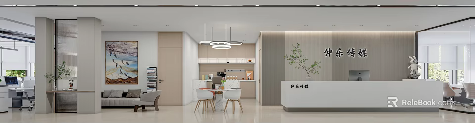 Elegant Modern Office Interior With Reception Desk Hanging Lamps And Decorative Plants 3d model 