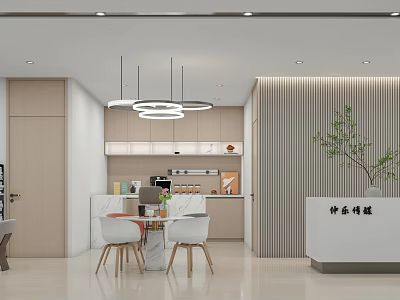 Elegant Modern Office Interior With Reception Desk Hanging Lamps And Decorative Plants 3d model