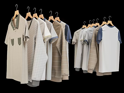 Stylish Clothes Hanging on Hangers in Beige Gray Brown Tones with Different Patterns 3d model