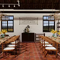 Traditional Restaurant Interior With Wooden Tables Chairs Green Vases Yellow Flowers Hanging Lamps And Calligraphy Scroll