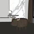 Modern Beige Sofa Stool In Room With Large Windows Green Trees And Marble Wall