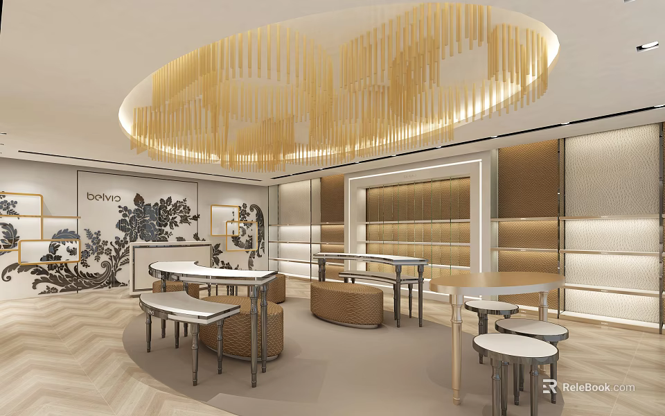 Elegant Modern Boutique Interior With Golden Hanging Decorations Round Ceiling And Tables 3d model 