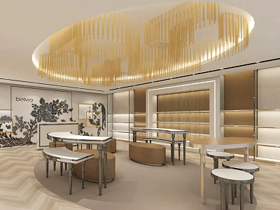 Elegant Modern Boutique Interior With Golden Hanging Decorations Round Ceiling And Tables 3d model