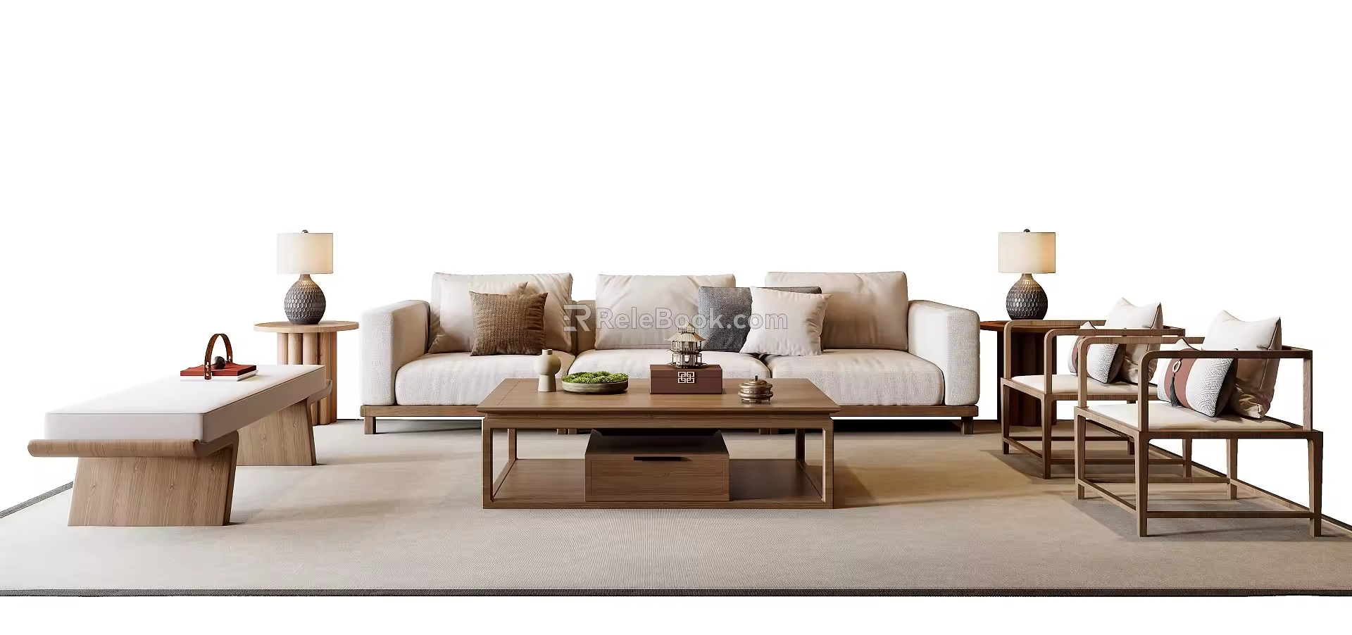 New Chinese Style Sofa Coffee Table Combination Fabric Sofa Stool Leisure Chair Side Table Lamp Ornaments 3d model