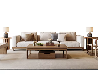 New Chinese Style Sofa Coffee Table Combination Fabric Sofa Stool Leisure Chair Side Table Lamp Ornaments 3d model