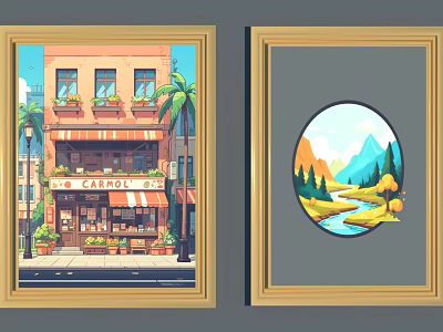 Framed Wall Art Featuring Carousel Shop Building And Circular Mountain River Landscape 3d model