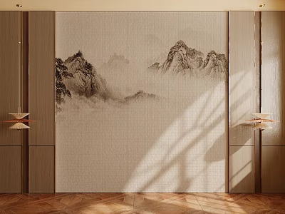 Sofa Background Wall With Chinese Landscape Painting Textured Fabric And Sunlight Shadow In Elegant Interior 3d model