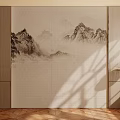 Sofa Background Wall With Chinese Landscape Painting Textured Fabric And Sunlight Shadow In Elegant Interior