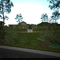 Traditional Ancient Architecture Surrounded By Lush Trees And Green Garden With Stone Path