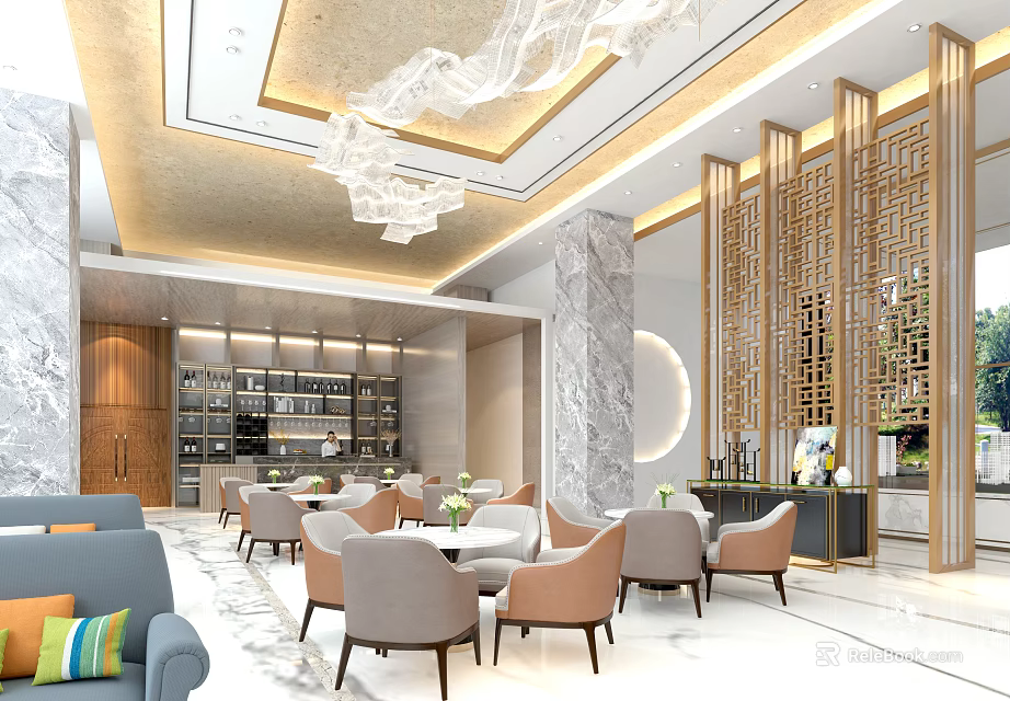 Modern Elegant Lounge Area Interior Design With Marble Columns Chandelier Sofas Tables And Chairs 3d model 