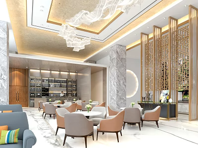 Modern Elegant Lounge Area Interior Design With Marble Columns Chandelier Sofas Tables And Chairs 3d model