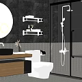 Modern Bathroom Interior With Round Mirror Wall Mounted Shelves Toilet And Glass Shower Enclosure
