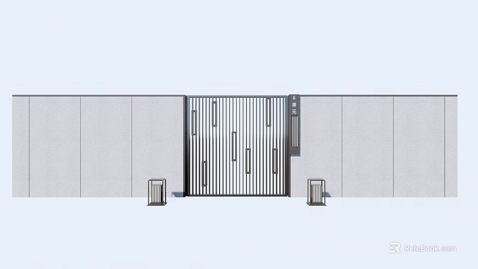 Modern Feature Wall with Metal Grille Design at Entrance with Lamp Posts on Both Sides 3d model 