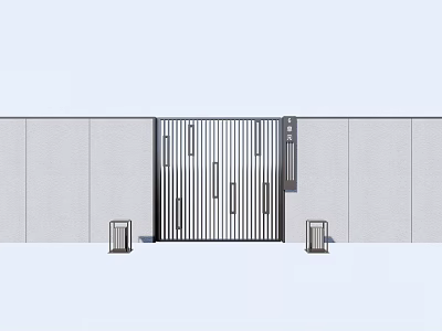 Modern Feature Wall with Metal Grille Design at Entrance with Lamp Posts on Both Sides 3d model