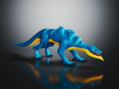 Blue And Yellow Fantasy Reptilian Creature 3D Model With Open Mouth Sharp Teeth Standing Pose 3d model