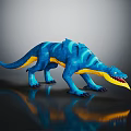 Blue And Yellow Fantasy Reptilian Creature 3D Model With Open Mouth Sharp Teeth Standing Pose