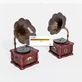 Vintage Gramophones With Horn Shaped Speakers And Red Decorative Bases