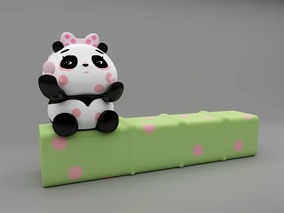 Cute Panda Doll With Pink Bow Sitting On Green Polka Dot Block 3d model