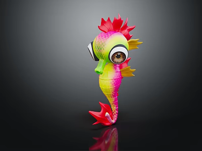 Vibrant Colorful Seahorse Toy With Red Mane Tail And Large Eyes On Black Background 3d model