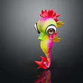 Vibrant Colorful Seahorse Toy With Red Mane Tail And Large Eyes On Black Background