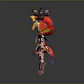 Red Hooded Game Movie Character with Blonde Hair Blue Eyes Red Dress and Large Scythe