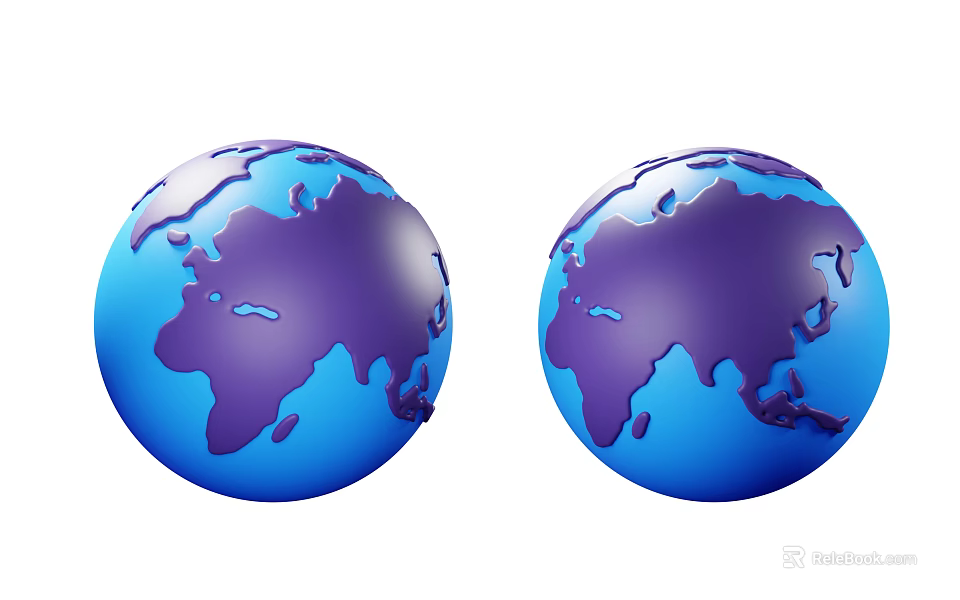 Two Blue Globes Featuring Purple Continent Outlines On White Background 3d model