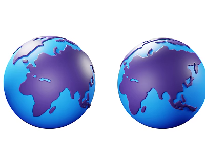 Two Blue Globes Featuring Purple Continent Outlines On White Background 3d model