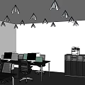 Modern Office Desks With Computer Monitors Ergonomic Chairs And Storage Cabinet