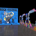 Rock Festival Live Band Performance On Blue Stage With Musical Instruments